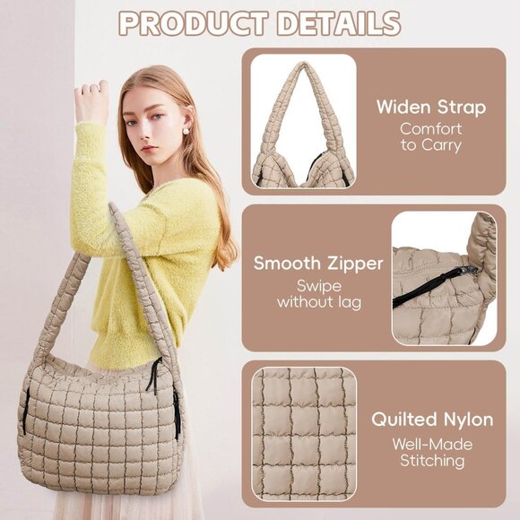 Women's Khaki Lightweight Cotton Puffy Quilted Hobo Bag Retro Soft Shoulder Bag - Picture 4 of 7